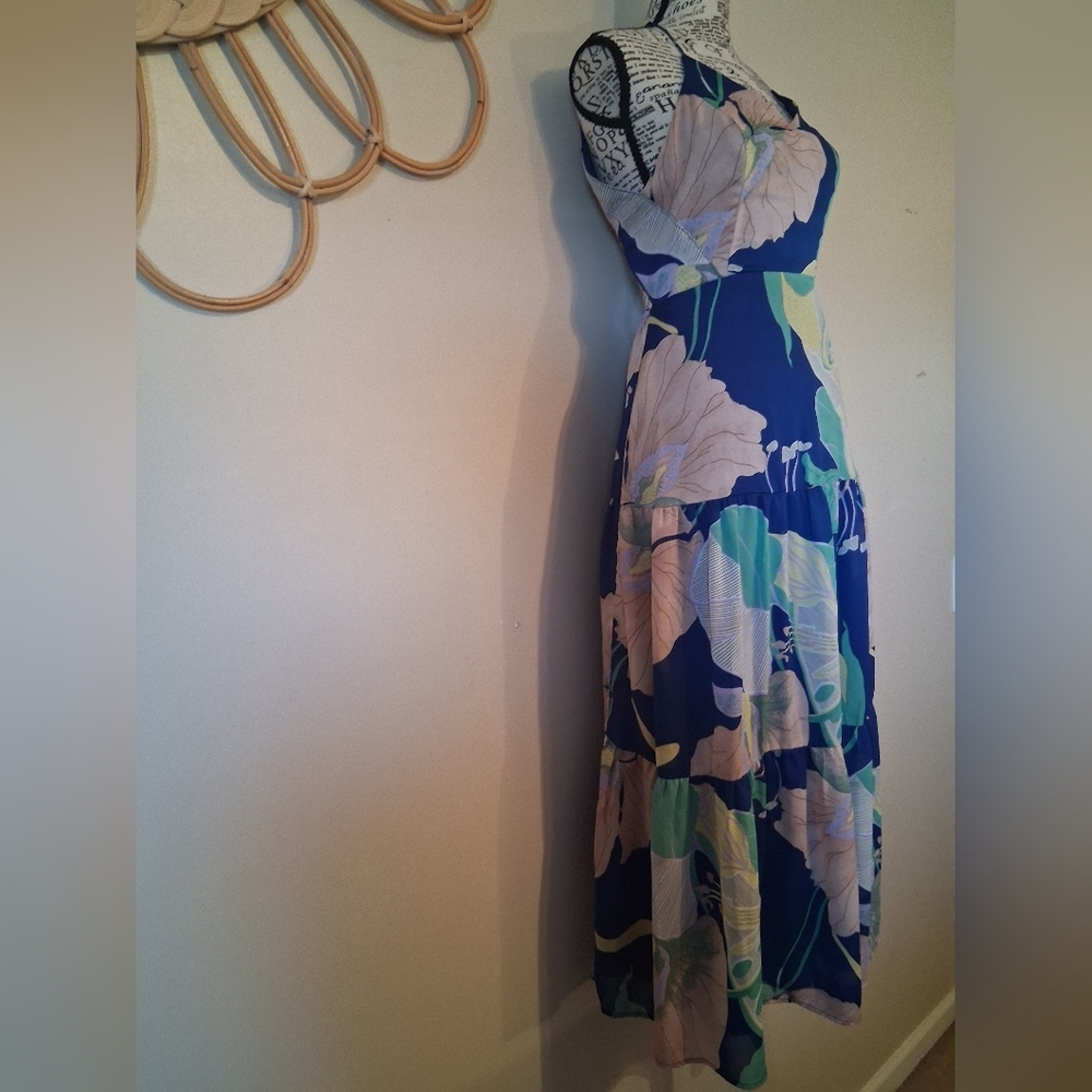 Lulus Hours of Flowers Blue Multi Floral Lace-Up Tiered Midi Dress Size XS - Picture 7 of 13